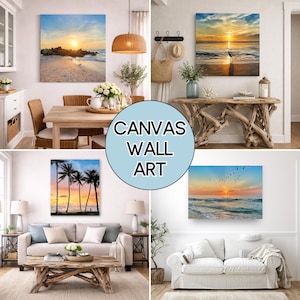 Puede incluir: Cuatro lienzos cuadrados de arte mural con escenas de atardeceres costeros. Arriba a la izquierda una playa con rocas, arriba a la derecha una garza al atardecer, abajo a la izquierda palmeras al crep&uacute;sculo y abajo a la derecha aves sobre el mar.