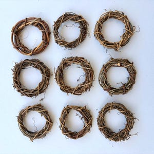 May include: A set of nine circular wreaths crafted from thin, intertwined brown twigs and natural vines. Each wreath features a hollow center and a rustic, textured appearance with loose, wispy tendrils extending from the woven wooden structure.