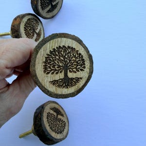 May include: A set of round wooden drawer knobs featuring a dark brown bark edge and a light wood face. Each knob is laser-engraved with a detailed black tree design, including branches and roots. A gold-toned metal screw is attached to the back.