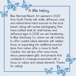 May include: A light blue square sign with a dark blue border and butterfly illustrations in the corners. The text reads: A little history... Blue Mermaid Beach Art opened in 2022 from South Florida with shells, driftwood, coral, and natural items.