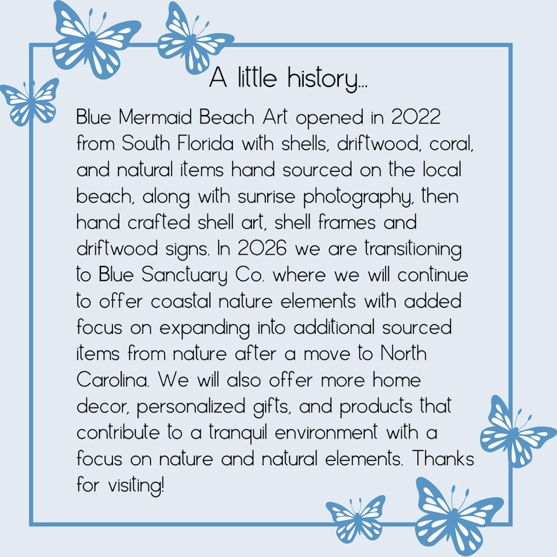 May include: A light blue square sign with a dark blue border and butterfly illustrations in the corners. The text reads: A little history... Blue Mermaid Beach Art opened in 2022 from South Florida with shells, driftwood, coral, and natural items.