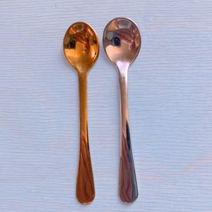 May include: Two metal spoons with a polished finish. The spoon on the left has a warm, deep copper tone, while the spoon on the right features a lighter, rose gold metallic hue. Both spoons have a smooth, rounded bowl and a slender, tapered handle.