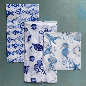Sea Life Napkin Set (3) Blue White Decoupage Paper Fishing Theme Nautical Decor Shell Ring Dish Craft Supply