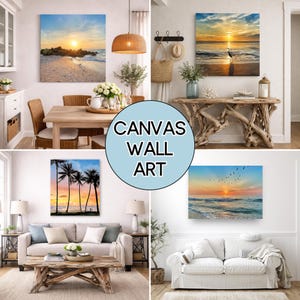 May include: Four square canvas wall art prints featuring coastal sunset scenes. The images display a beach with rocks, a heron on the shore, palm trees against a sunset sky, and a flock of birds flying over ocean waves at sunset. Text reads CANVAS WALL ART.