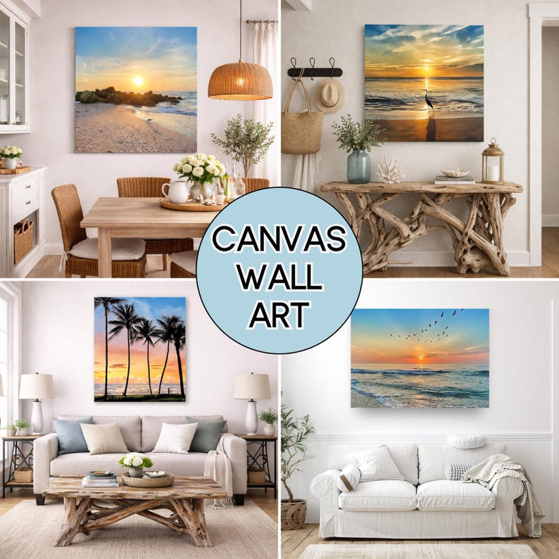 May include: Four square canvas wall art prints featuring coastal sunset scenes. The images display a beach with rocks, a heron on the shore, palm trees against a sunset sky, and a flock of birds flying over ocean waves at sunset. Text reads CANVAS WALL ART.