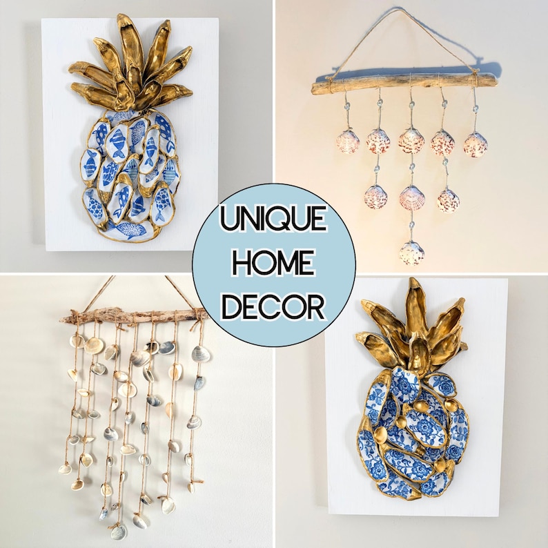 May include: A collage of home decor items including two pineapple wall art pieces made of gold-painted oyster shells with blue and white patterns, and two hanging shell mobiles suspended from driftwood branches. Text reads UNIQUE HOME DECOR.