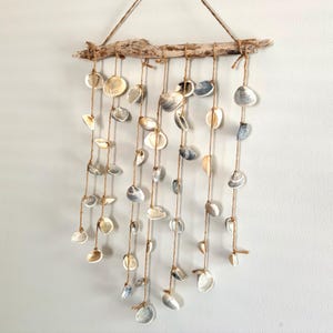 May include: A wall hanging featuring a piece of driftwood suspended by a twine cord. Multiple strands of brown twine hang from the driftwood, each decorated with various small, natural seashells in shades of white, gray, and tan.