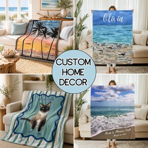 May include: A collage of four custom blankets featuring various designs: a sunset beach scene with palm trees and the text 'from Florida with love', a beach scene with birds and the name 'Olivia', a cat portrait with the name 'Lincoln', and a beach scene with the text 'Mark & Monica Smith March 22, 2025'.