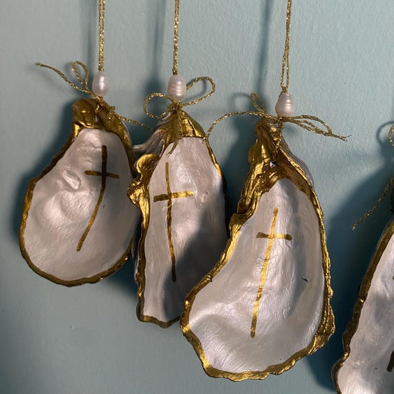 Gold Cross Ornament Oyster Shell or Set Hand Painted Gift for Christian Baptism Religious Confirmation Wine Bottle Hostess Gift Christmas