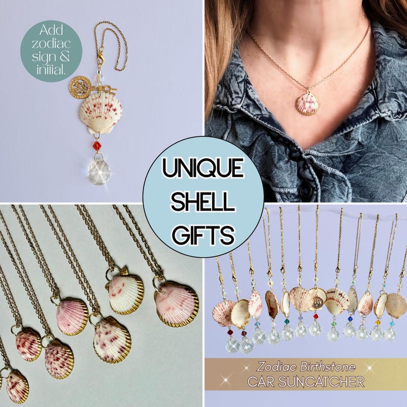 Puede incluir: Una colecci&oacute;n de atrapasoles y collares de conchas con cadenas doradas, peque&ntilde;as conchas con patrones rosas y blancos y colgantes de cristal transparente. Algunos incluyen peque&ntilde;as cuentas de colores. Texto: Add zodiac sign & initial, UNIQUE SHELL GIFTS, Zodiac Birthstone CAR SUNCATCHER.