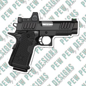May include: A black and gray 9mm pistol with a red dot sight and a black and white camouflage pattern on the grip. The pistol is labeled "STACCATO XC2" and "Pew Pew".