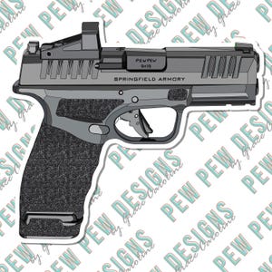 May include: A black and gray handgun with a red dot sight. The gun has a black grip and a silver slide. The text "PEW PEW 9x19 SPRINGFIELD ARMORY" is printed on the slide.