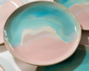 Handgemachter Keramik-Speiseteller, WAVE California Glaze, Steinzeug Geschirr, 26 cm Durchmesser