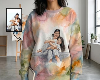 Sudadera con retrato fotográfico personalizado en acuarela, regalo personalizado para mamá para el Día de la Madre, sudadera con estampado integral, regalo para ella.