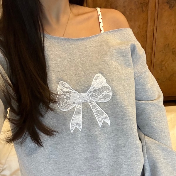 Grey Coquette sweatshirt White Lace bow sweatshirt Ribbon sweater Off the shoulder Lana del rey Coquette style Bow crewneck