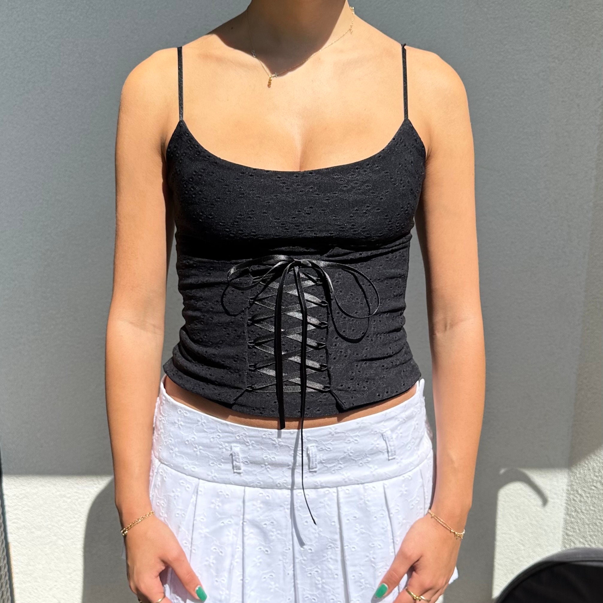 Lace up Top in Black Ribbon Tie up Corset Style Shirt on
