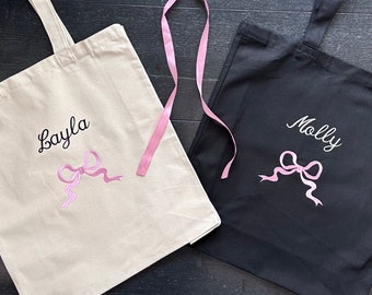 Custom Name Tote Bag: Embroidered Bow, Personalized Gift