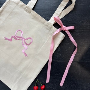Bow Tote Bag Ribbon Large Tote Bag With Bow Ribbon Embroidery Aesthetic ...