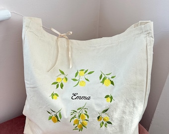 Bolsa de tecido bordada com limão, nome personalizado, estilo Cottagecore