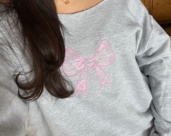 Grey Coquette sweatshirt Pink Lace bow sweatshirt Ribbon sweater Off the shoulder Lana del rey Coquette style Bow crewneck