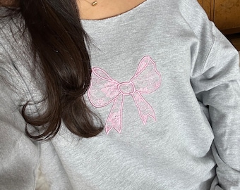 Grey Pink Lace Bow Coquette Sweatshirt Ribbon sweater Off the shoulder  Coquette style Bow crewneck
