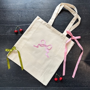 Bow tote bag Ribbon large Tote Bag with bow ribbon embroidery Aesthetic Coquette  Gift for Her Easter Gift  Bag Book Bag Tote Beach Bag