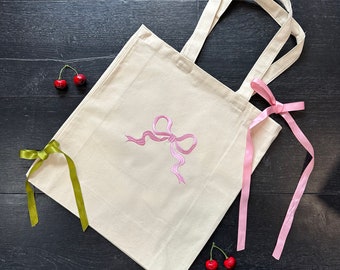 Bow tote bag Ribbon large Tote Bag with bow ribbon embroidery Aesthetic Coquette  Gift for Her Easter Gift  Bag Book Bag Tote Beach Bag