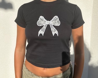 Lace bow baby tee bow tshirt appliqué Ribbon Coquette Style Cottage Core Tshirt y2k Style Baby Tee