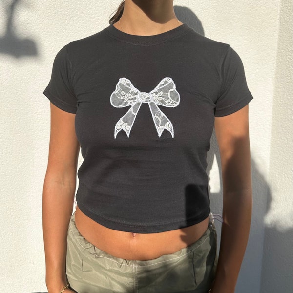 Lace bow baby tee bow tshirt appliqué Ribbon Coquette Style Cottage Core Tshirt y2k Style Baby Tee