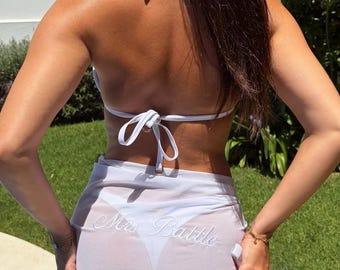 Custom sarong with personalised embroidery for bachelorette and honeymoon Beach cover up bridesmaid