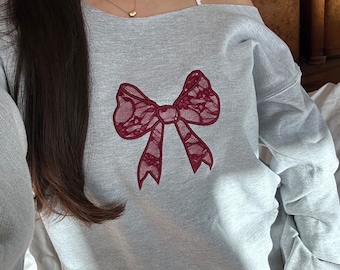 Grey Coquette sweatshirt Maroon Lace bow sweatshirt Ribbon sweater Off the shoulder Coquette style Bow crewneck