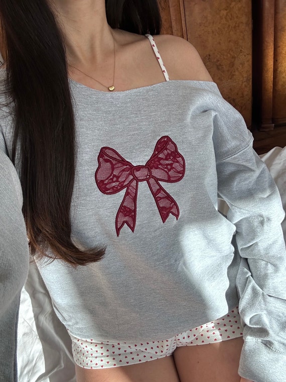 Grey Coquette Sweatshirt with Maroon Lace Bow