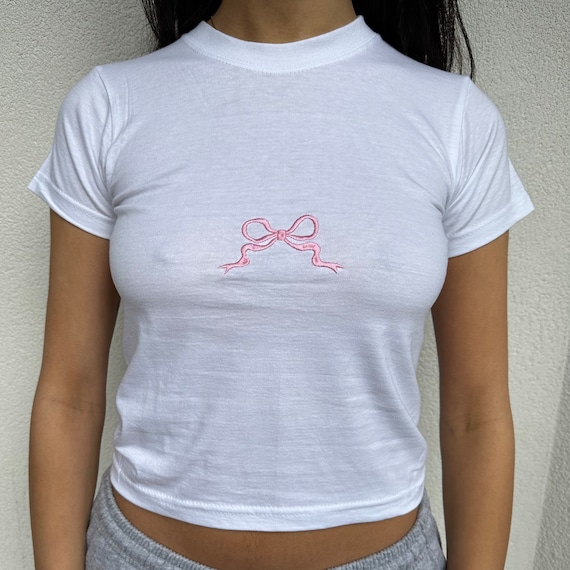 Bow Pink Baby Tee Ribbon Coquette Style Cottage Core Tshirt Y2k