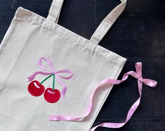 Coquette Cherry Bow Tote Bag Ribbon Large Tote Bag With Bow