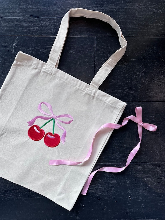 Coquette Cherry Bow Tote Bag Ribbon Large Tote Bag With Bow Ribbon