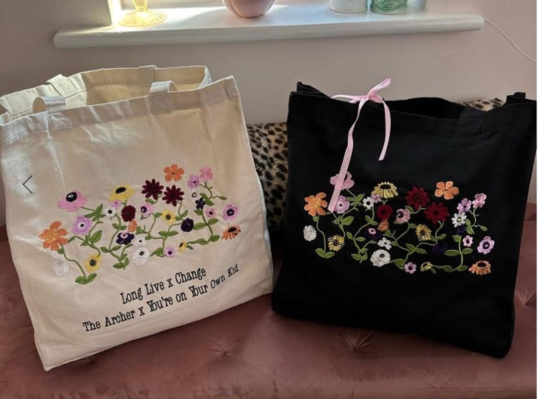 Embroidered Flowers Canvas Tote Bag, Personalized Gift