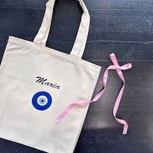 Grand sac fourre-tout personnalisé avec nom brodé Evil Eye, sac de plage esthétique, cadeau personnalisé pour elle, sac cadeau de Pâques, sac de plage Nazar