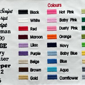 May include: A white fabric swatch displaying a list of font styles including Ballantines Script, Handy Script, Book Script, Times Roman, Script 20, College, Chancery, Typewriter, Sm Cooper, Block 2, and Kids, alongside color swatches with labels.
