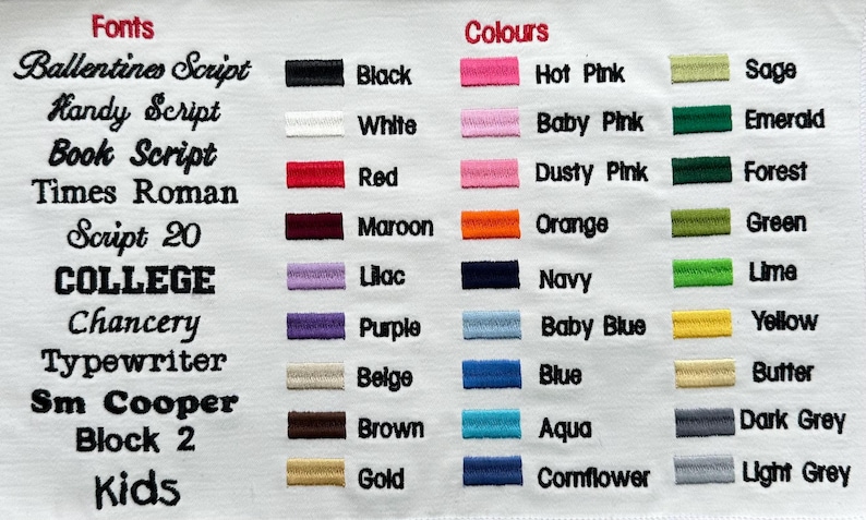 May include: A white fabric swatch displaying a list of font styles including Ballantines Script, Handy Script, Book Script, Times Roman, Script 20, College, Chancery, Typewriter, Sm Cooper, Block 2, and Kids, alongside color swatches with labels.
