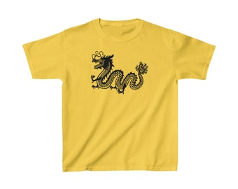 May include: A yellow short-sleeved t-shirt with a black and white illustration of a Chinese dragon.