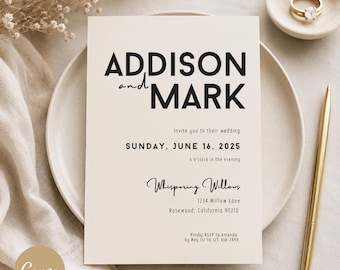 May include: A rectangular wedding invitation card with cream-colored paper and black sans-serif text reading Addison and Mark, invite you to their wedding, Sunday, June 16, 2025, 6 o'clock in the evening, Whispering Willows, 1234 Willow Lane, Rosewood, California 90210.