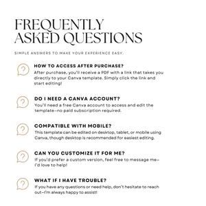 Frequently asked questions graphic for this editable wedding program template covering Canva access, editing, downloading, printing, and template assistance. The 4 x 9 inch wedding program can be personalized with names, wedding date, ceremony details, readings, songs, vows, fonts, colors, order of service, and wedding order of events. Perfect for creating a printable wedding program, wedding itinerary template, ceremony program, wedding ceremony program, or wedding day program.