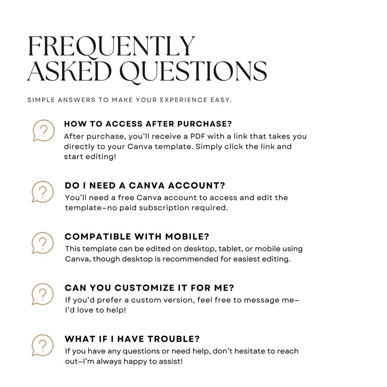 Frequently asked questions graphic for this editable wedding program template covering Canva access, editing, downloading, printing, and template assistance. The 4 x 9 inch wedding program can be personalized with names, wedding date, ceremony details, readings, songs, vows, fonts, colors, order of service, and wedding order of events. Perfect for creating a printable wedding program, wedding itinerary template, ceremony program, wedding ceremony program, or wedding day program.
