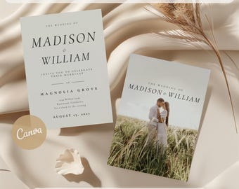 May include: Minimalist wedding template featuring two invitation cards. One card displays the names "Madison & William" and event details. The other card has a photo of a couple. Text includes "Editable in Canva" and "Instant Download."