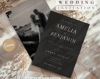 May include: Two wedding invitations with a minimalist design. One invitation features a black and white photo of a couple, while the other is black with white text. The text reads "The Wedding of Amelia & Benjamin" and "Invite you to celebrate their marriage."