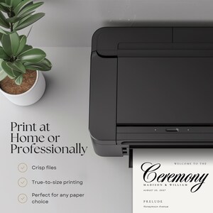 Print at home or professionally graphic featuring an editable wedding program template and printer with a finished 4 x 9 inch ceremony program. Customize your Canva wedding program with names, date, ceremony schedule, readings, vows, order of service, and wedding order of events before downloading for printing. Ideal for printable wedding programs, wedding ceremony programs, wedding itinerary templates, ceremony programs, wedding day programs, and modern wedding stationery.