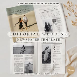 May include: A wedding newspaper template with the text "EDITORIAL WEDDING NEWSPAPER TEMPLATE". The design includes photos of a couple, headlines, and sections like "TODAY'S EDITION" and "THE NEWLYWED TIMES".