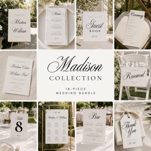 May include: A collection of white wedding stationery featuring black serif typography. The set includes a welcome sign, menu, guest book sign, ceremony program, invitation, reserved sign, table number 8, seating chart, bar menu, and a thank you tag.