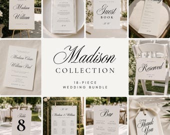 May include: A collection of white wedding stationery featuring black serif typography. The set includes a welcome sign, menu, guest book sign, ceremony program, invitation, reserved sign, table number 8, seating chart, bar menu, and a thank you tag.