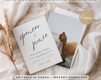 May include: A minimalist wedding template featuring a wedding invitation with the names "Spencer & Jamie" in elegant script. The invitation includes event details and a photo. The text "EDITABLE IN CANVA • INSTANT DOWNLOAD" is also visible.